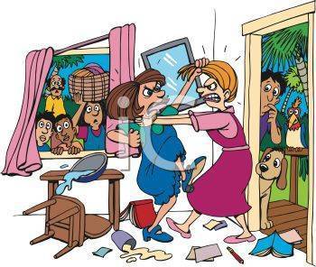 0511-1010-1220-4814 Cartoon of Two Women Fighting in a Living Room clipart image