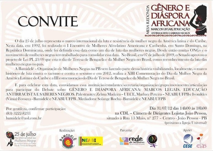 Convite - Mesa Redonda Genero e Diaspora Africana