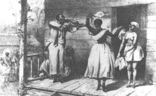 Um rabequeiro toca para duas jovens durante o período colonial (fonte: Biblioteca Nacional da Jamaica)