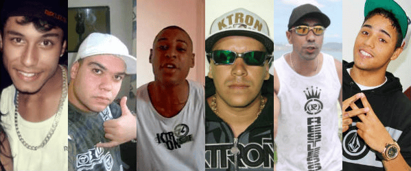 Da esquerda para direita, MC Felipe Boladão, DJ Felipe da Praia Grande, MC Duda do Marapé, MC Primo, MC Careca e MC Daleste (Fotomotagem/Ponte Jornalismo)