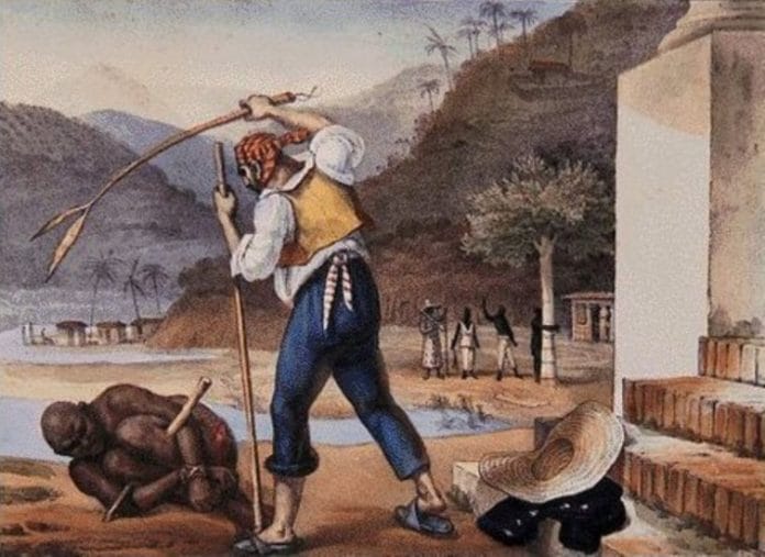 O capataz a punir o escravo, numa roça brasileira, retratado pelo francês Jean-Baptiste Debret