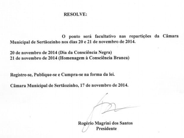 Em decreto, Câmara de Sertãozinho (SP) estabelece ponto facultativo em homegame à consciência branca (Foto: Reprodução)