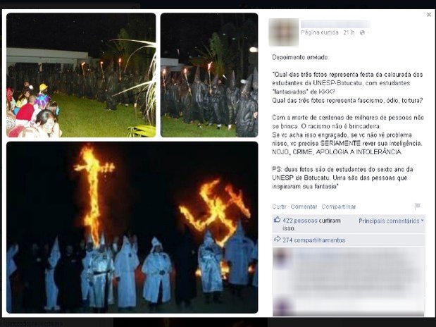 Festa de estudantes da Unesp, em Botucatu, é comparada com cerimônia da seita Ku Klux Klan  (Foto: Reprodução/Facebook)