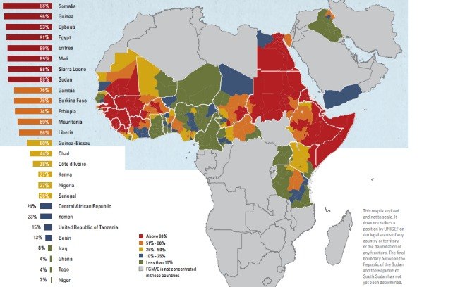Mapa dos países com maior número de mulheres e crianças submetidas à mutilação genital na África