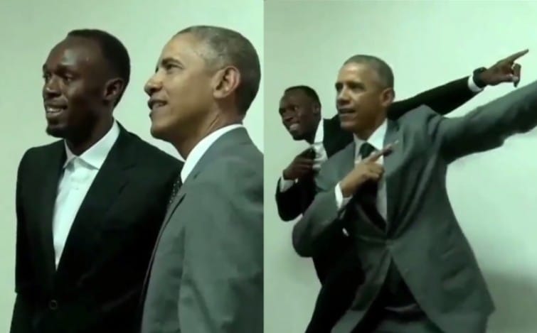 Barack Obama faz tradicional pose de Usain Bolt ao lado do corredor na Jamaica