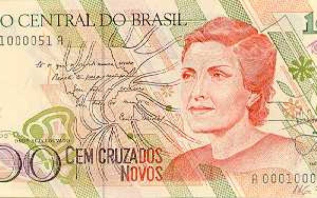 Banco Central Frente da nota de 100 Cruzados Novos (NCz$ 100) tinha o retrato de Cecília Meireles