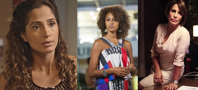 Da esquerda para direita: Regina (Camila Pitanga), Paula (Sheron Menezzes) e Beatriz (Glória Pires) personagens da novela ‘Babilônia’ da Rede Globo. Imagens: Gshow/Divulgação.