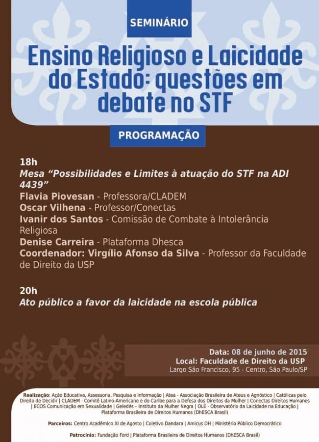 Convite Seminário: Ensino Religioso e Laicidade do Estado: questões em debate no STF  – 08 de junho- SP
