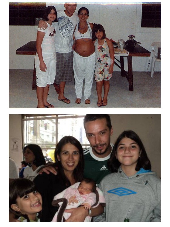 No topo: Luan, o padrasto Sergio, Mariana e a irmã do meio, Raissa. Acima: a irmã mais nova, Pietra, é incluída na foto familiar (Fotos: Arquivo pessoal)