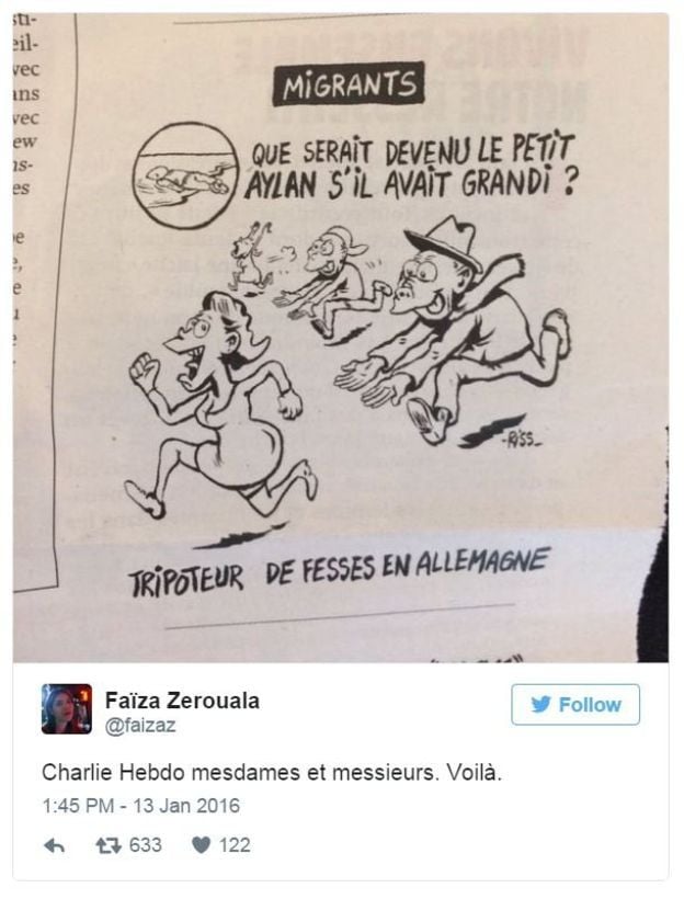 Charge de Charlie Hebdo, que relaciona morte de Alan com episódios de ataque sexual na Alemanha, foi criticada nas redes sociais