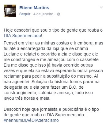 Trecho de depoimento da jornalista Etiene Martins em que relata episódio de racismo, segundo ela, ocorrido em uma das lojas da rede de supermercados Dia em Belo Horizonte (Reprodução / Facebook)