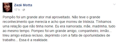 Desabafo da atriz Zezé Motta publicado hoje, 6.1, em sua página pessoal na rede social Facebook (Reprodução / Facebook)