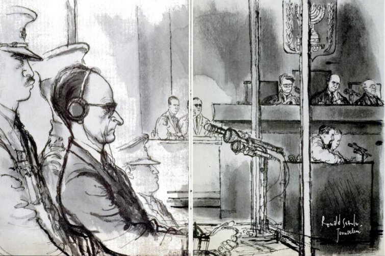 Adolf Eichmann em seu julgamento em Jerusalém, (Julho 17, 1961), por Ronald Searle