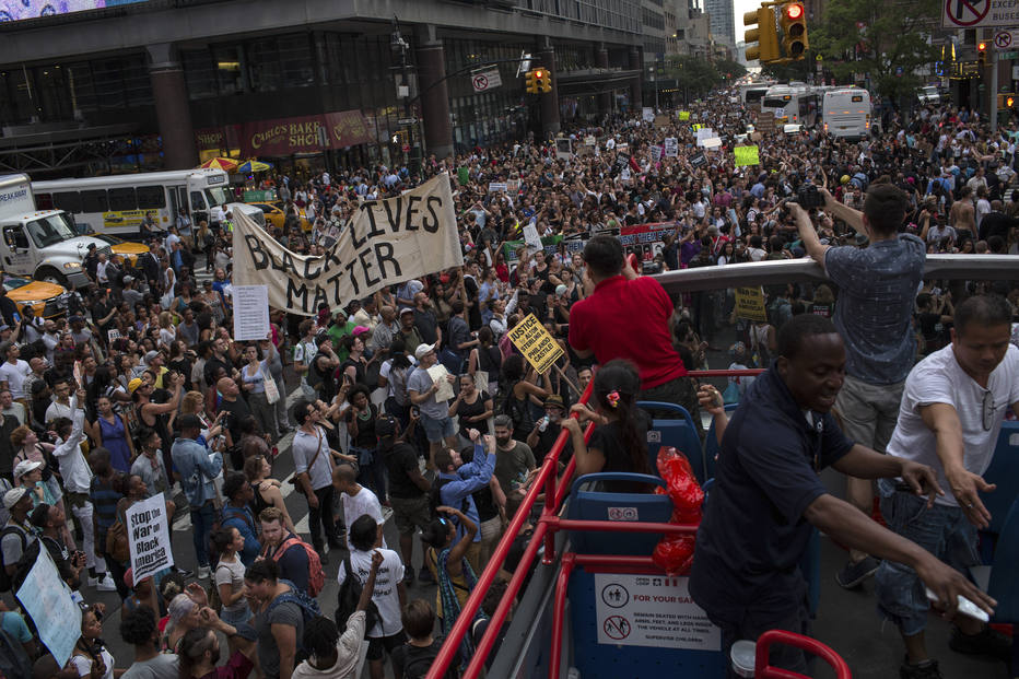 Protesters angered by two fatal police shootings in two days take to the streets after gathering at Union Square in Manhattan, July 7, 2016. From Warsaw, President Barack Obama described the deaths of Alton Sterling and Philando Castile as symptomatic of racial disparities in the criminal justice system. “To be concerned about these issues is not political correctness. It’s just being an American,” Obama said. (Christopher Lee/The New York Times)