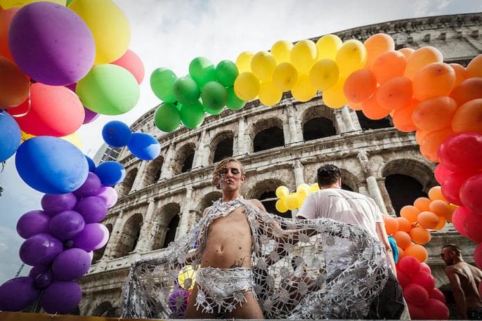 Members and supporters of lesbian, gay, bisexual and transgender community take part in the 21st annual Gay Pride Parade in Rome, Italy on June 13, 2015. Tens of thousands of members of Italian LGBTQI communities and supporters of gay rights take part in the 21st annual Gay Pride Parade in downtown Rome to demand legal rights for same-sex couples and against homophobia.(Photo by Giuseppe Ciccia/NurPhoto)
