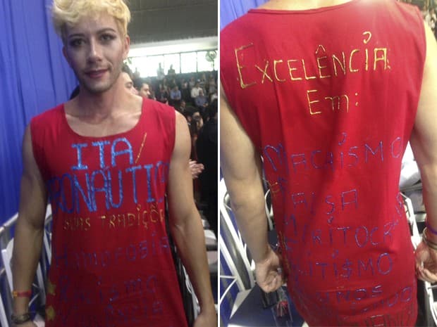 De vestido e salto alto, aluno gay do ITA protesta na formatura em S. José