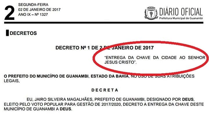 MP da Bahia entra com representação contra prefeito da cidade de Guanambi que entregou chaves da cidade a Jesus