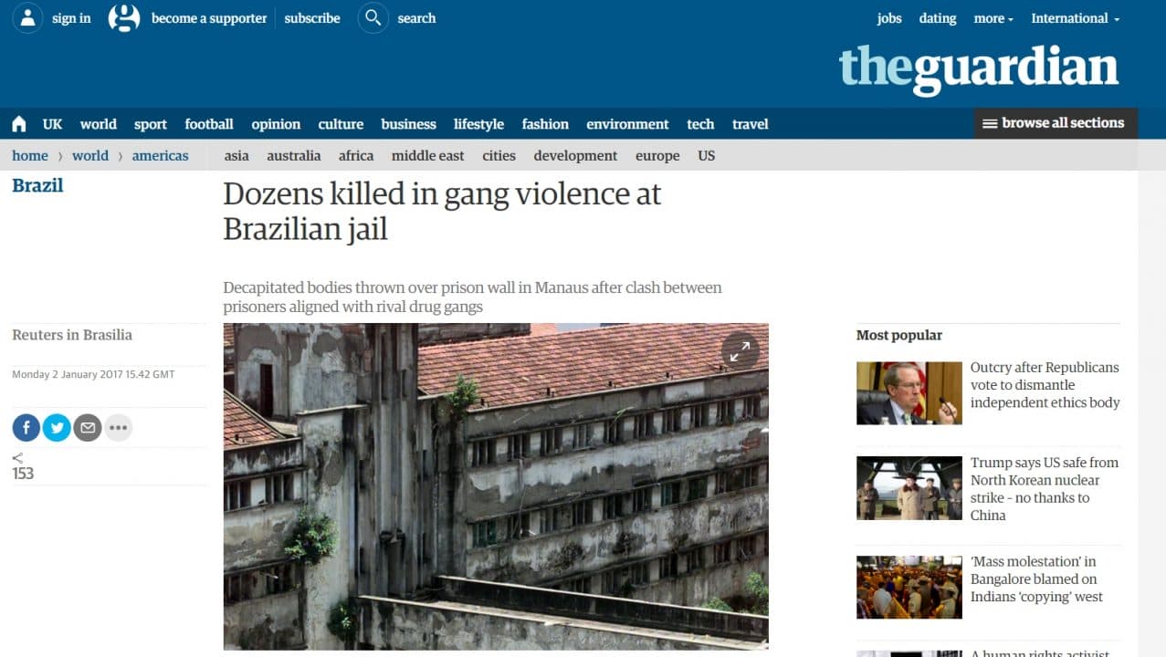 Massacre em Manaus reforça imagem global de ‘inferno’ das prisões do Brasil