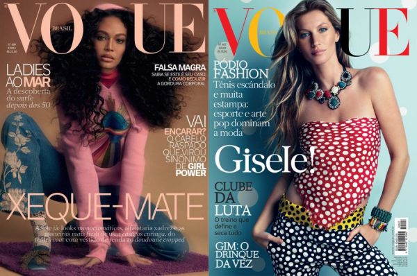capa da revista vogue, uma mulher negra e outra com Gisele Bündchen