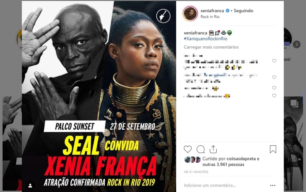 Xênia França participará do show do cantor britânico Seal no Rock in Rio 2019