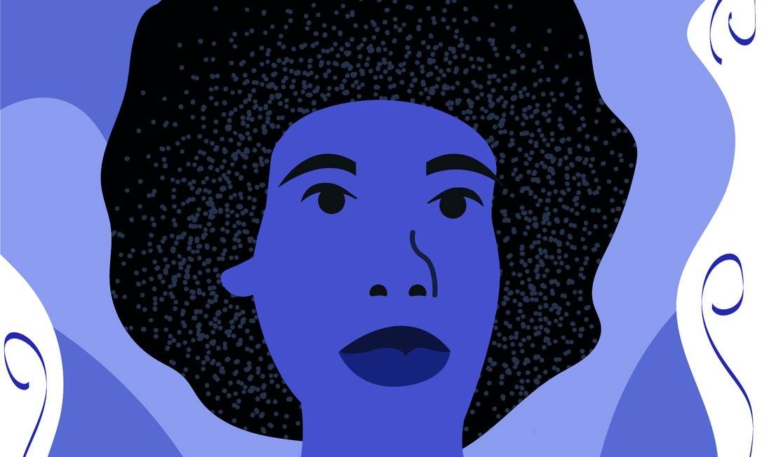 Ilustração toda em azul de uma mulher, de lábios carnudos e cabelo black.