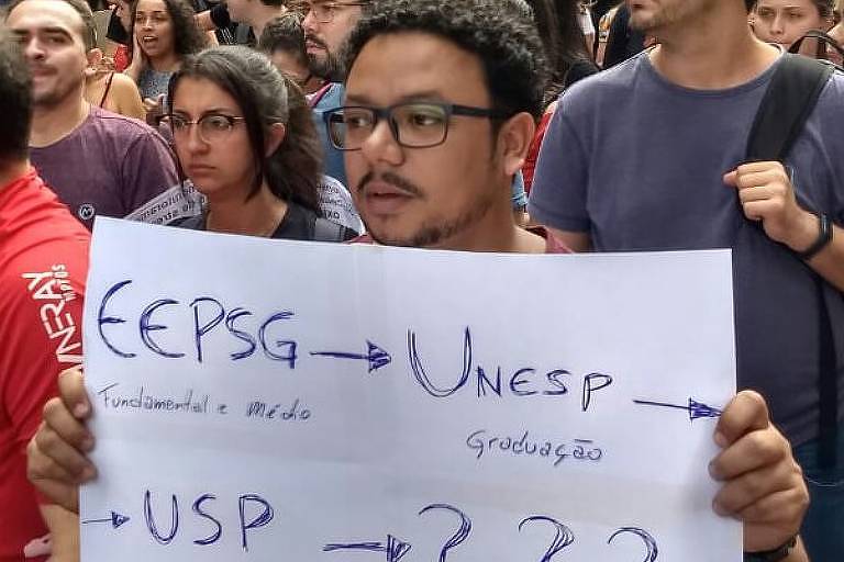 O químico e pesquisador Alex S. Lima- homem negro de pouco cabelo, usando óculos de grau- segurando um cartaz escrito "Ensino fundamental e médio (EEPSG), Graduação (USP), Pós (USP), depois (???)