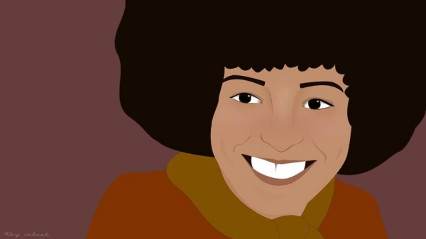 Ilustração de Angela Davis- mulher negra de cabelo black power, sorrindo