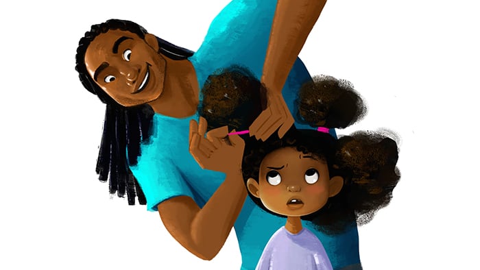 Animação fofa mostra um pai afro-americano aprendendo a pentear o cabelo da filha pela primeira vez