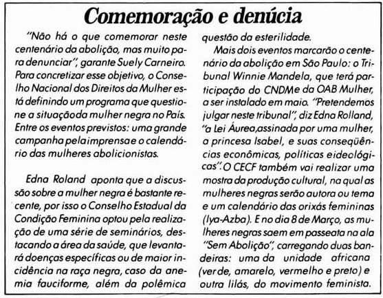 Matéria do Jornal Mulherio, "Comemoração e denuncia" 