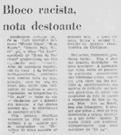 Matéria antiga do Jornal A Tarde, que fala sobre o "Bloco racista, nota destoante"