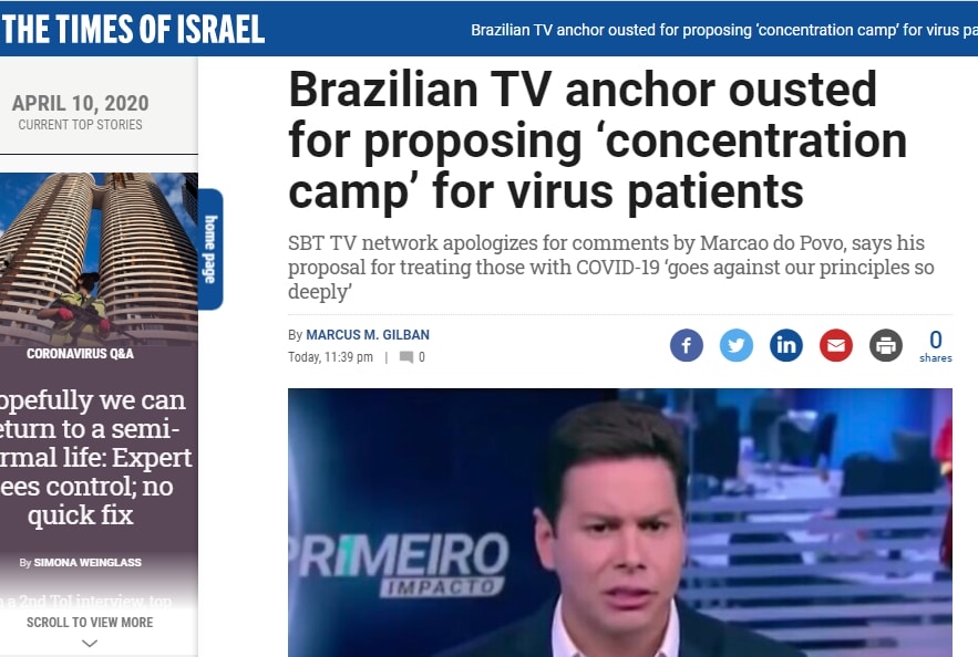 Manchete do jornal The Times of Israel, com a chamada "Brazilian TV anchor outed for proposing 'concentration camp' for virus patients"