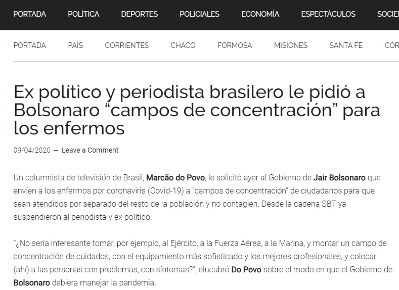 Manchete de jornal com a chamada "Ex político y periodista brasilero le pidió a Bolsonaro "campos de concentración" para los enfermmos"