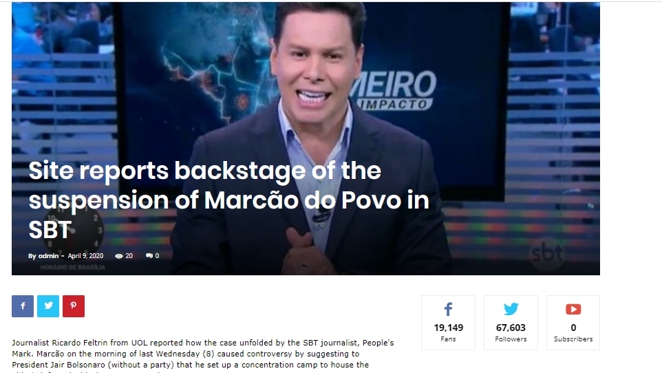 Manchete de jornal com a chamada "Site reports backstage of the suspension of Marcão do Povo in SBT"