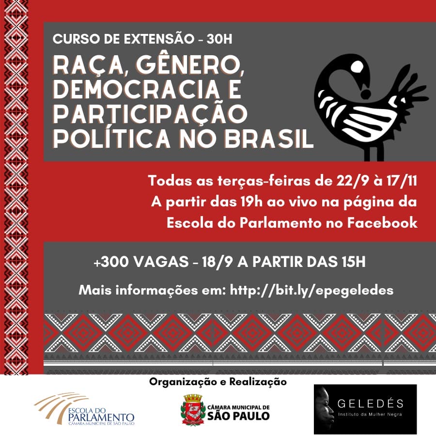 “Raça, Gênero, Democracia e Participação Política no Brasil” é tema do próximo curso gratuito da Escola do Parlamento